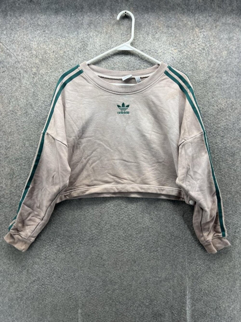 Adidas Sweatshirt Womens Small Beige 3 Stripe Cropped Raglan Trefoil Pullover